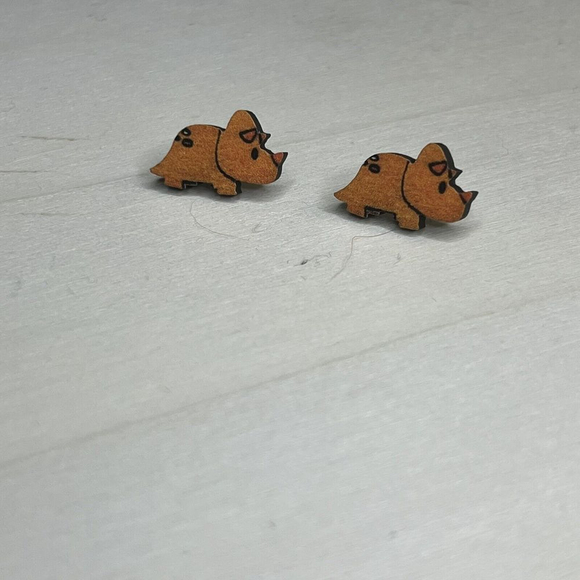 New Handcrafted Handpainted Lightweight triceratops Dinosaur Wood Earrings - Picture 4 of 7